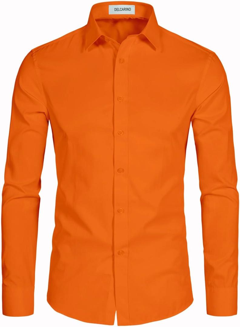 DELCARINO Men's Long Sleeve Button Up Shirts Solid Slim Fit Casual Business Formal Dress Shirt (Orange, XL)