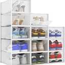BINO 12-Pack Plastic Stackable Shoe Box Set - Clear | Foldable Shoe Storage Container | Sneaker Bins | Shoe Rack Box | Transparent | Portable Stacking Shoe Boxes Front Open
