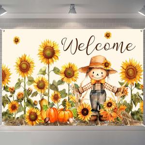 Welcome Fall Photography Backdrop Autumn Pumpkin Sunflower Scarecrow Background, Thanksgiving Party Supplies Farm Harvest Banner Photo 72 x 44 Inch