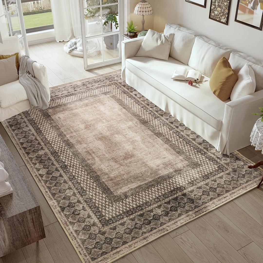 NICETOWN 5x8 Area Rug, Ultra- Thin Brown Oriental Washable Rug for Living Room, 5'x 8' Carpet for Bedroom, Non-Slip Stain Resistant Foldable Large Carpet Pet & Kids Friendly for Dining Room