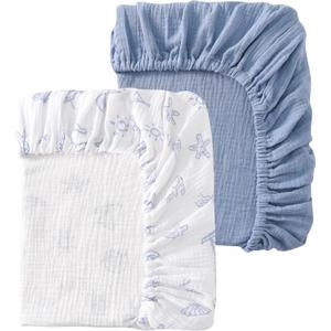 Baby Crib Sheets 2 PCS, 100% Organic Cotton Crib Sheet for Standard Crib Mattress(52x 28), Fitted and Soft Breathable Muslin Crib Mattress Sheet for Girl and Boy (Coastline & Dusk Blue)