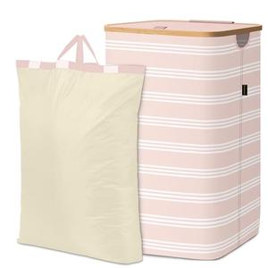 BALEINE Laundry Hamper with Lid, Tall Laundry Baskets with Bamboo Pull Handles, Large Laundry Bin with Internal Support (26 Gal/100L, Pink Pinstripe)