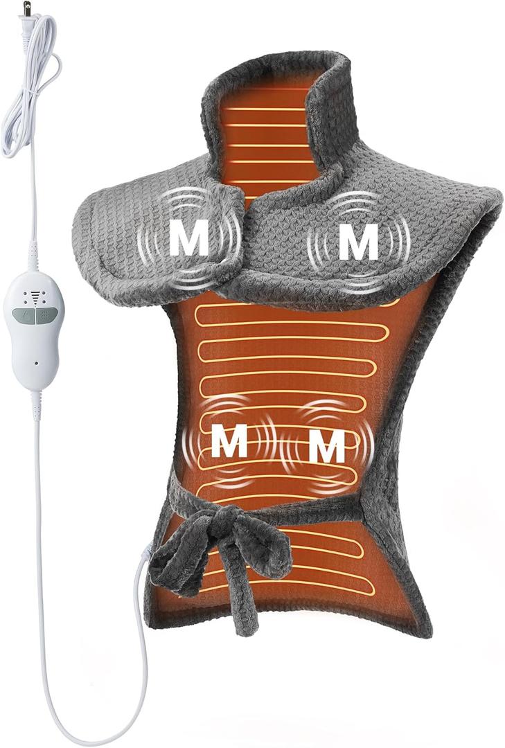 Massaging Heating Pad for Neck and Shoulders and Back, 24" x 35" Large Electric Heating Pad for Back Pain Relief with 8 Massage Combinations, 2 Heat Levels, 4 Massage Motors, 2H Auto Shut-Off (Grey)