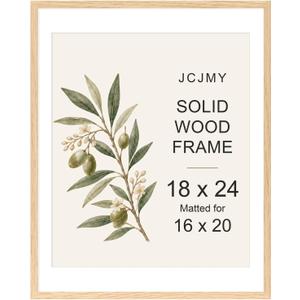 JCJMY 18x24 Solid Wood Picture Frame, Display 16x20 with Mat or 18 x 24 without Mat, Wooden 18 by 24 Photo Frame with Shatter Resistant Plexiglass for Wall Hanging, Natural, 1 Pack