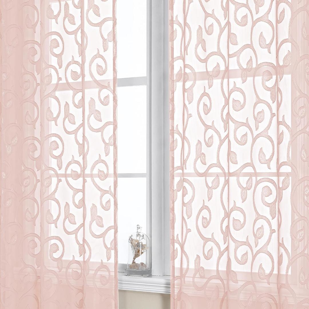 OWENIE Furman Blush Sheer Curtains 63 inch Length for Bedroom Living Room 2 Panels Set, Jacquard Clip Textured Pink Sheer Curtains, Light Filtering Rod Pocket Farmhouse Window Treatments, 40Wx63L inch