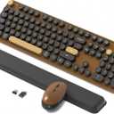 Retro Wireless Keyboard and Mouse Combo with Wrist Rest - Aesthetic Typewriter Style, Full-Size Clicky Tactile Floating Round Keys, 2.4GHz Ergonomic Set for Mac, Windows(Coffee Color)