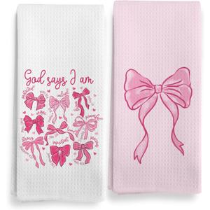 Christian Coquette Pink Bow Kitchen Towels Set of 2, Preppy Pink Bow Hand Towel for Bathroom, Christian Bible Verse God Say I am Decorative Hand Dish Tea Towels for Girly Girl's Room 16X24In
