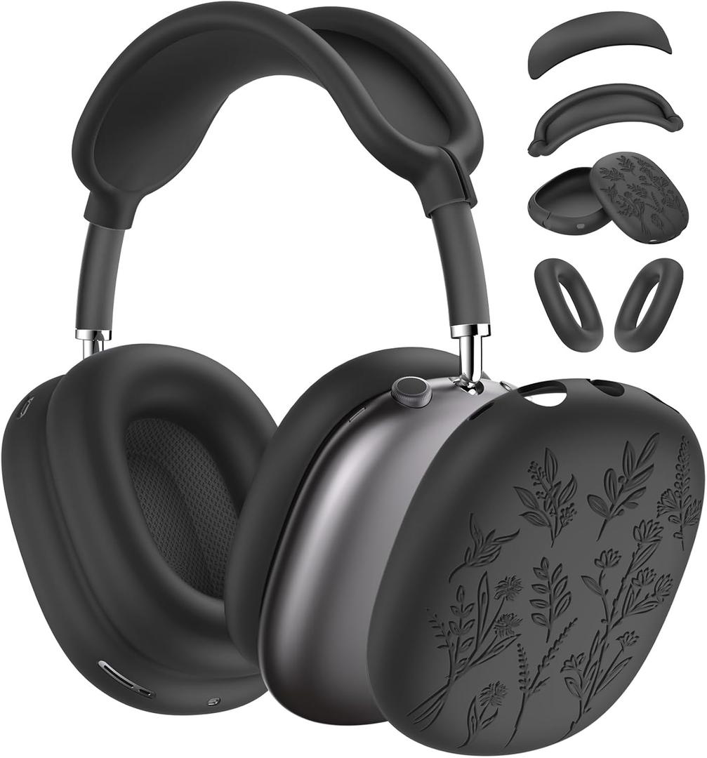 [4 in 1] Flower Engraved Silicone Case Cover for AirPods Max USB-C (2024), Anti-Scratch Sweat-Proof Ear Pad Case Cover/Ear Cups Cover/Headband Cover Accessories for AirPods Max Headphones (Black)