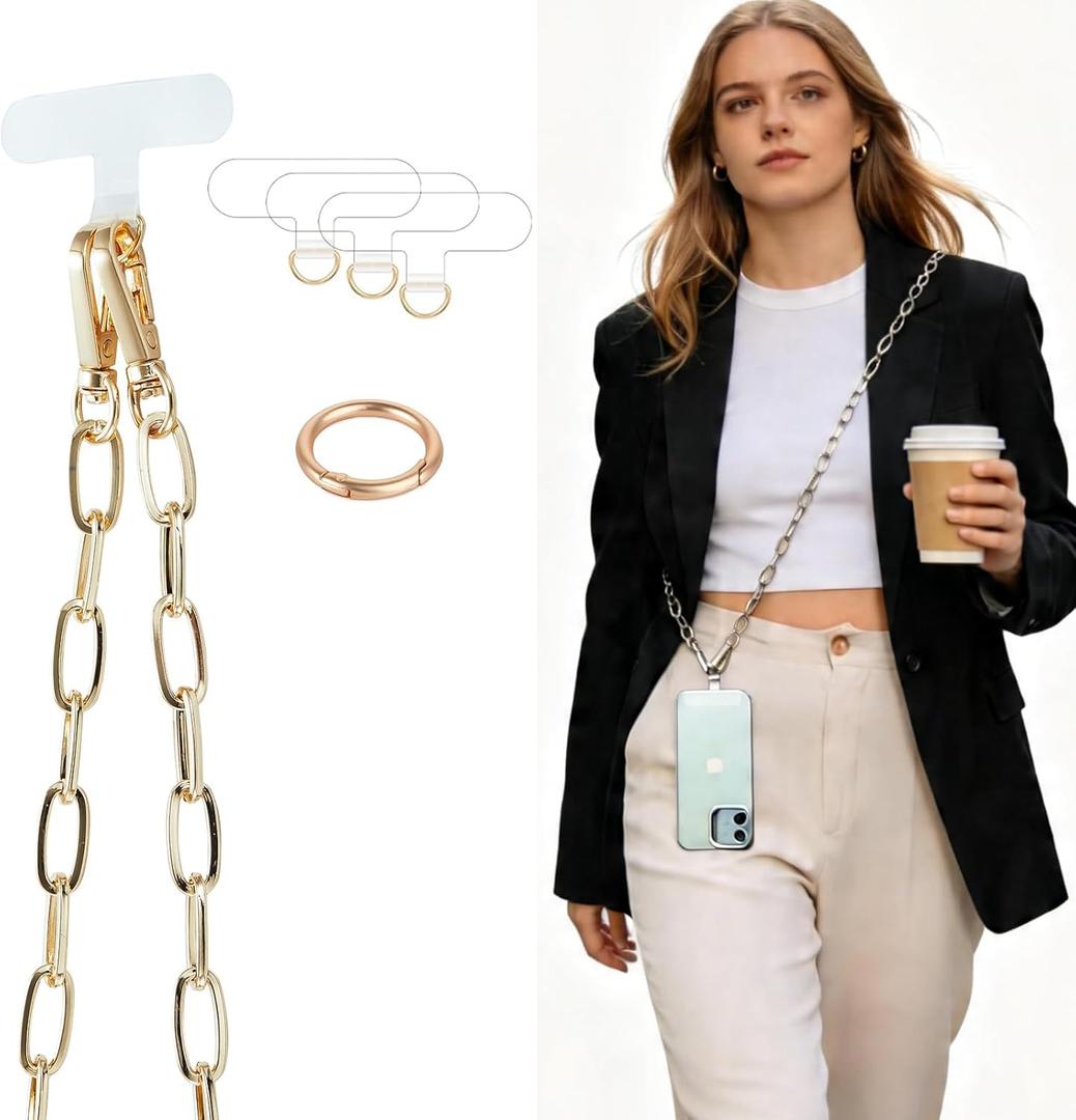 Crossbody Phone Lanyard Chain Shoulder CellPhone Strap Phone Charm Neck Chain iPhone Holder 3 Pad Patche Tether Universal for iPhone 16 Pro Max 15 14 11 Samsung S24 Flip 5 Google Moto Gold