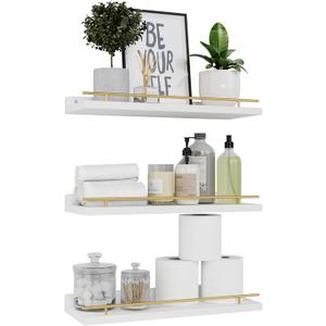 WOPITUES Floating Shelves with Gold Metal Guardrail, Shelves for Wall Decor Set of 3, Wall Shelves for Bedroom, Bathroom, Kitchen, Living Room, Plants, Picture Frames, Art- White and Gold (15.7 inch)