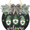 St Patrick's Day Welcome Sign Wreath For Front Door Decor Shamrock Hanging Door Sign Gnomes Pattern With Greenery & Bow Wooden Round St Patricks Day Decoration For The Home Farmhouse Decor 12x12 Inch (Black)