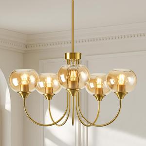 Mid Century Modern Globe Chandelier 5 Light Amber Glass Vintage Sputnik Chandeliers Gold Pendant Light Fixtures for Dining Room Kitchen Living Room Bedroom, Rod