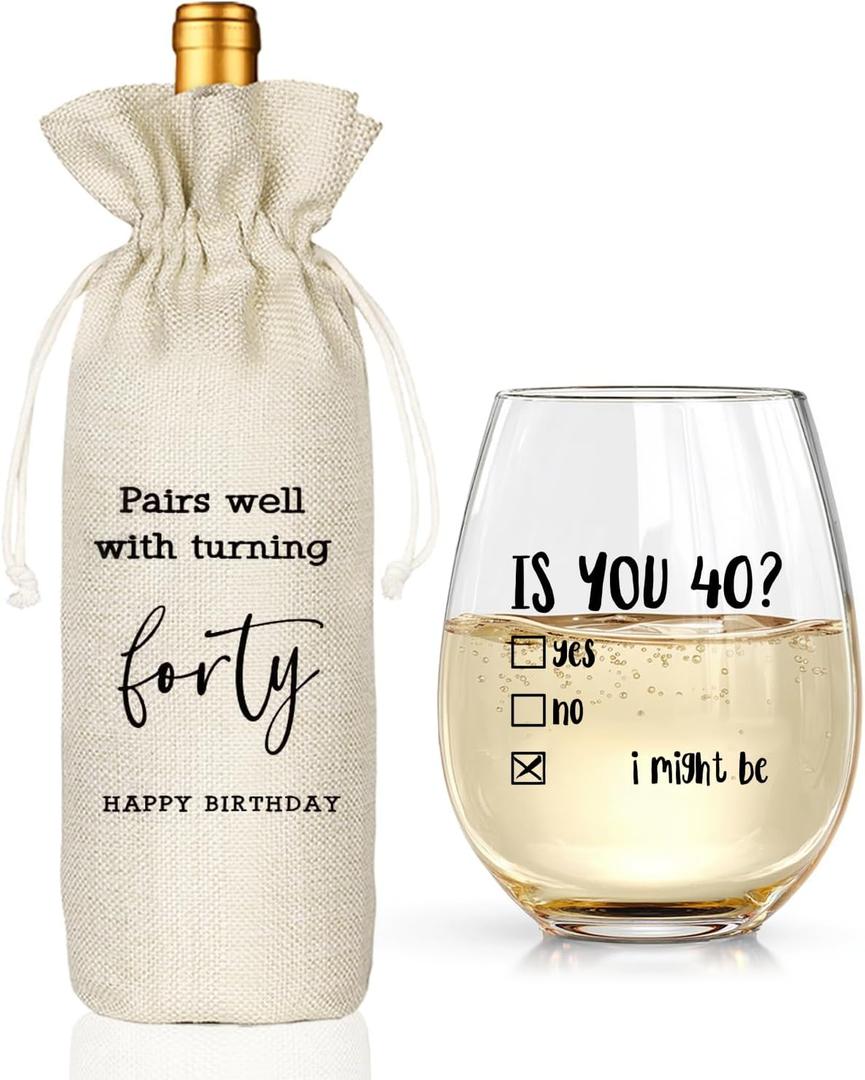 Funny 40th Birthday Gifts for Women Men- 40th Birthday Wine Glass & Wine Bag Gift Ideas for Wife, Husband, Mom, Dad, Sister, Aunt, Coworkers,40Year Party Supplies Decor for Him Her (Clear-40)