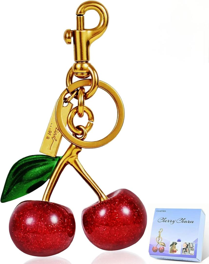Cherry Bag Charm Purse Charms Keychain- Car Cherry Accessories Women Birthday Christmas Women Mothers Day Gifts (Green Leaves)