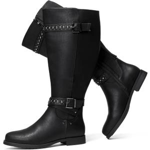 Luoika Women's Extra Wide Calf Knee High Boots, Chunky Low Heel Plus Size Boots Motocycle Ridding Boots. (Black216, Size 6)