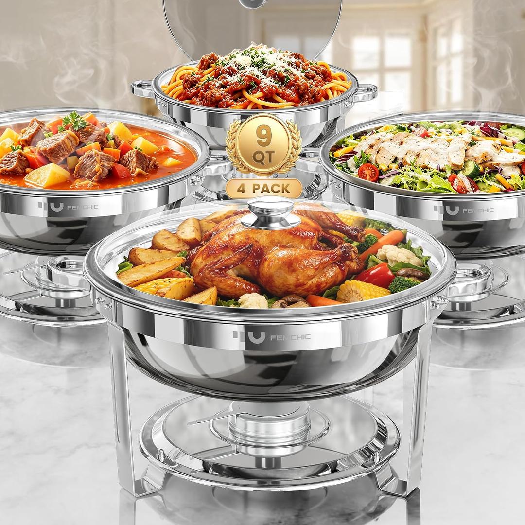 Femchic 9QT Round Stainless Steel Chafing Dishes for Buffet, 4 Pack Chafers