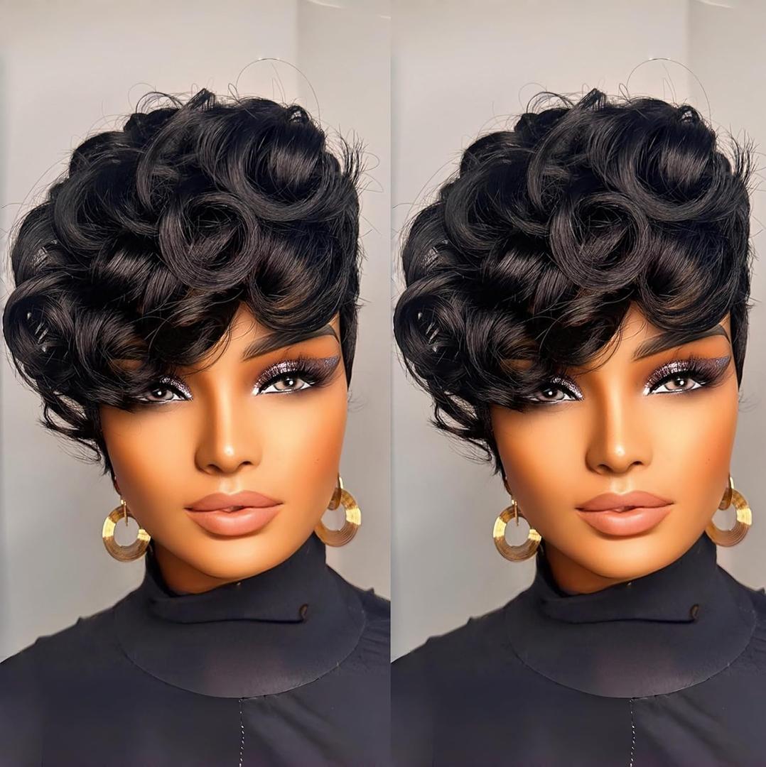 Short Pixie Cut Wig for Black Women Black Curly Wave Synthetic Short Wigs for Women Heat Resistant Fiber Pixie Cut Wigs with Bangs None Lace Front Wig