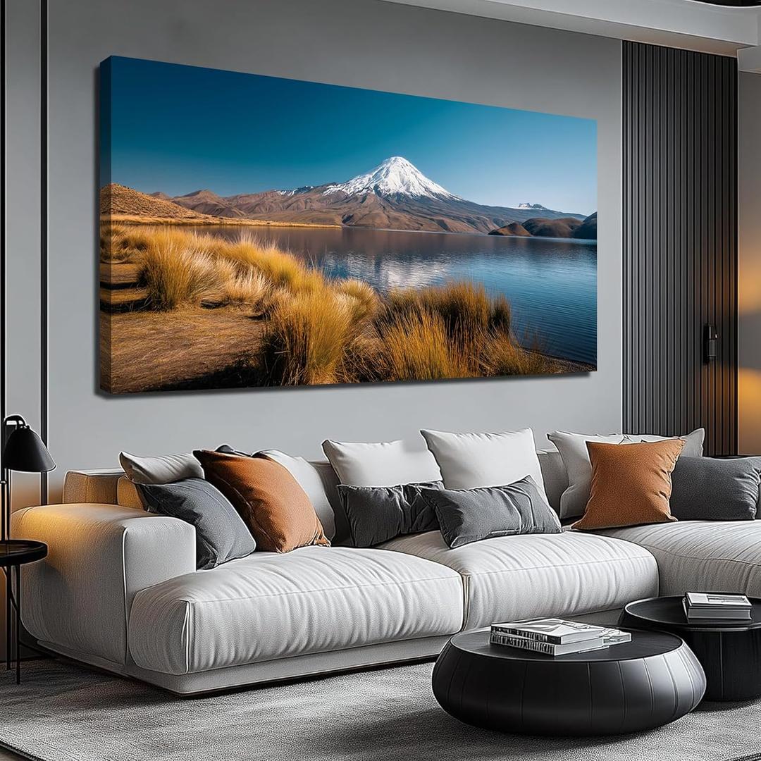 Landscape Canvas Wall Art Large Blue Lake and Mountain Artwork 24"x48"