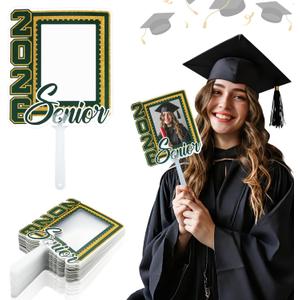 Junkin 24pcs Graduation Fans Custom Face Fans with Handle Double Sided Personalized Big Head Cutout on a Stick Class of 2026 Grad Photo Props Blank DIY Frame for Graduate Party Souvenirs(Forest Green)
