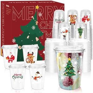 Xuelimei 16oz Christmas Disposable Plastic Cups with Strawless Sip Lids-Xmas Tree Santa Reindeer Snow Cold Drinks, Coffee, Beer, Drinks, Ice Cream, Drinking Cups for Holiday Party Supplies. (100)