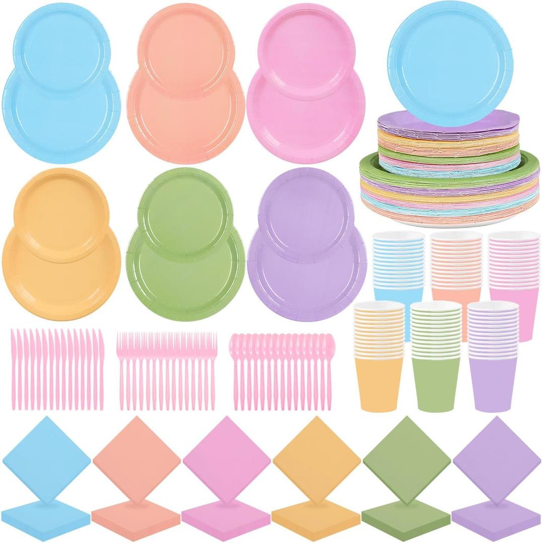192PCS Pastel Party Supplies Set Rainbow Tableware Bulk Include Paper Plates Cups Napkins Colorful Mix Color Disposable Dinnerware Decorations for Baby Shower Graduation Carnival Wedding