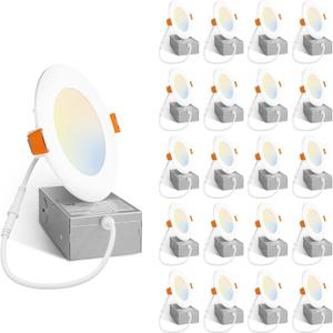 Amico 20 Pack 4 Inch 5CCT Ultra-Thin LED Recessed Ceiling Light with Junction Box, 2700K/ 3000K/ 4000K/ 5000K/ 6000K Selectable, 11W Eqv 70W, Dimmable Can-Killer Downlight, 800LM High Brightness - ETL