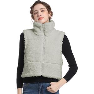 V VOCNI Womens Sherpa Fleece Vest Fuzzy Crop Vest Casual Sleeveless Jacket Zipper Waistcoat Outwear (Gray, L)