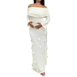 Unybwonn Women Sexy Off Shoulder Crochet Maxi Dress Bodycon Stretchy Mesh Knit Dress Long Sleeve Tube Top Elegant Dresses (White), XL