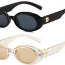 PORADAY Modern Oval Sunglasses for Women Trendy Retro 90s Oval Sunnie Vintage Narrow Round Shades (Black/Grey+ Champagne)