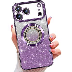 Misscase for iPhone 17 Pro Max Magnetic Glitter Case Compatible with MagSafe, Full Protection Slim Shockproof Anti-Scratch Case with Camera Lens Protector Plating Bling Dust-Proof Net Purple