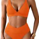 Sexy Ribbed Bikini Set 2 Piece Womens High Waisted V-Cut Cheeky High Leg Tummy Control Longline Swimsuit
