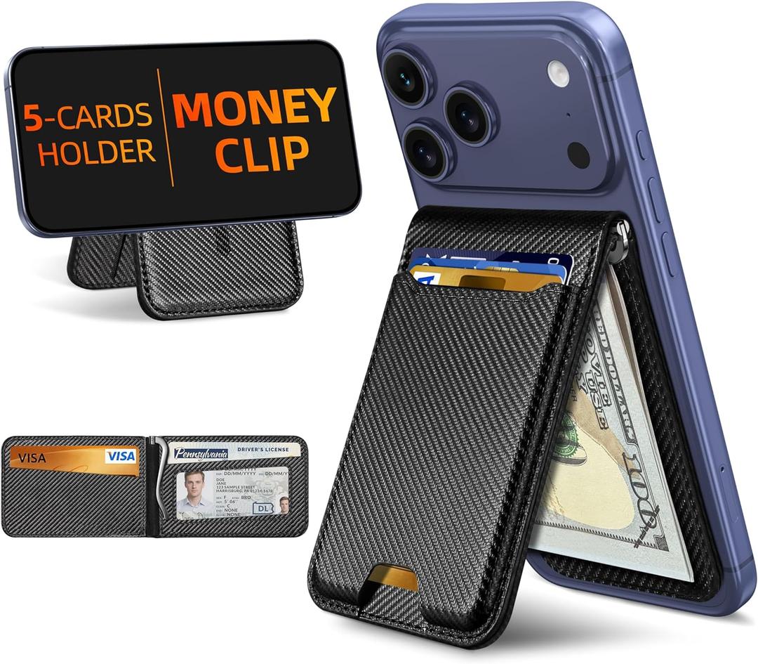 For Magsafe Wallet with Money Clip, Strongest Magnetic Wallet for iPhone 17/16/15/14/13/12 Series, Adjustable Stand, ID Window, 5 Card Holder, Vegan Leather, Not for 13/12 Mini, Black Carbon Fiber