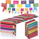 10 Pack 14 x 84 in Mexican Serape Table Runners, 29 Pcs Papel Picado Banner, Fiesta Hanging Banner and Pennant Flag Banner Colorful Bunting Banner for Mexican Theme Party (Rose, Blue, Orange, Yellow)