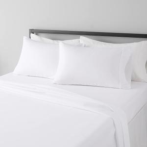 Amazon Basics Lightweight Super Soft Breathable Wrinkle-Resistant Microfiber 4-Piece Bed Sheet Set with 14-Inch Deep Pockets, Queen, Bright White, Solid