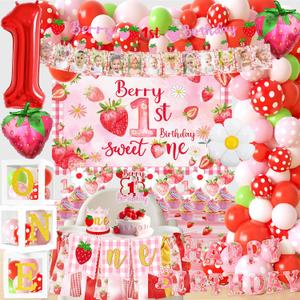 Strawberry 1st Birthday Decorations for Girls Berry First Birthday Decor Sweet One Party Supplies Decorations include Balloon Box Backdrop Highchair Banner Crown Tablecloth