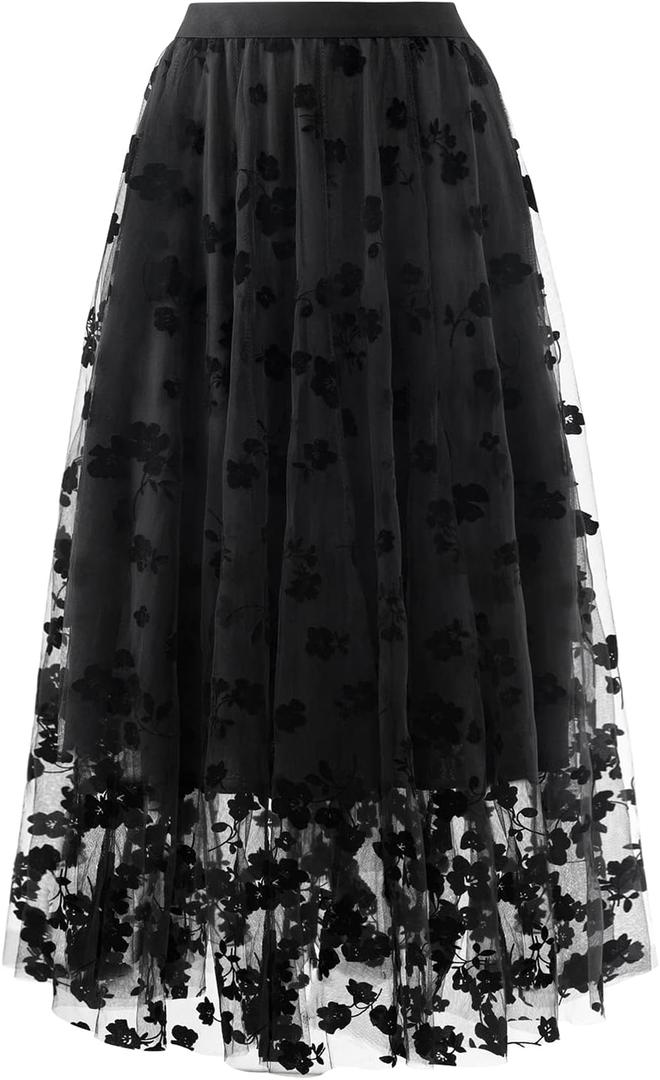 Skirts for Women Midi Long Length Dressy Casual Trendy Summer Tulle A-Line Floral High Waist Skirt, Medium