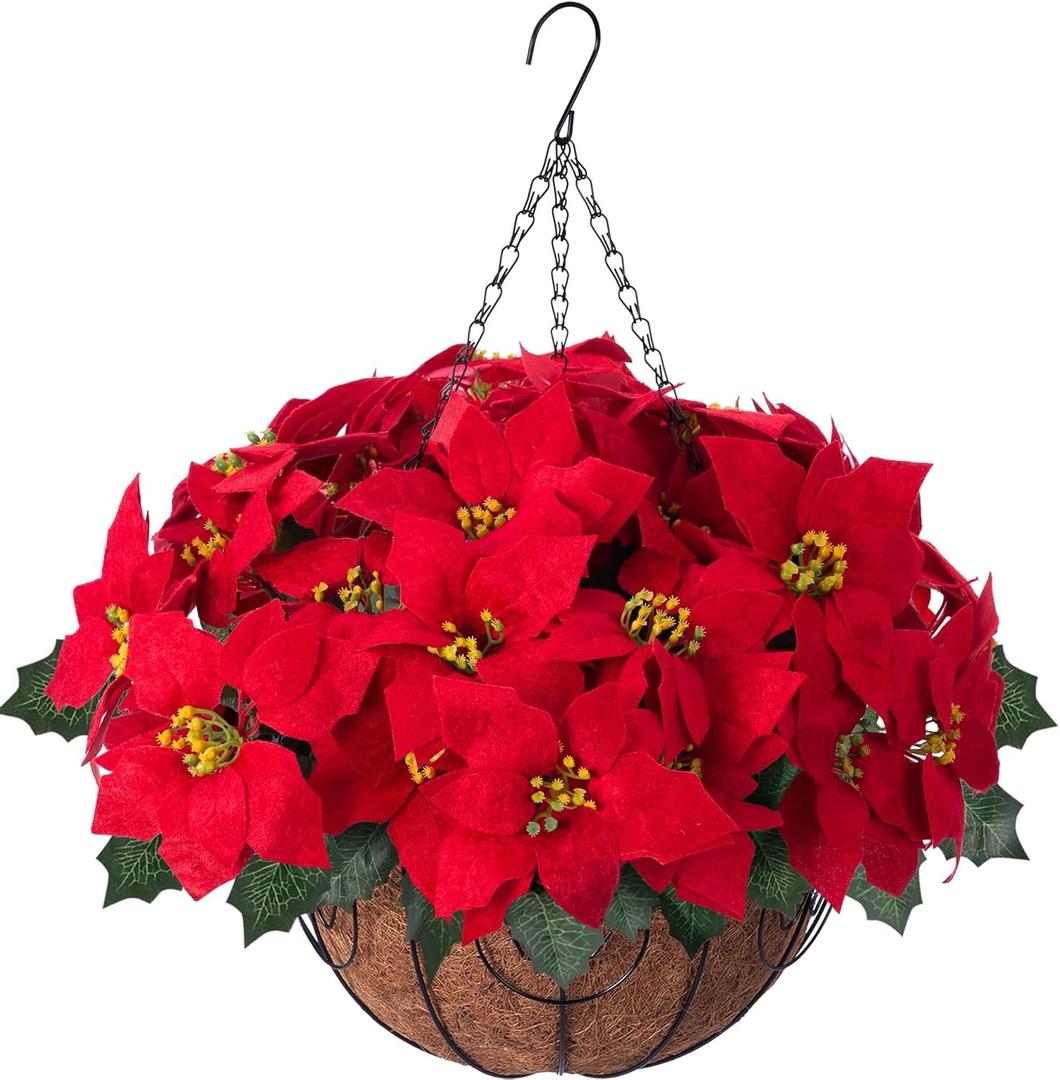 Artificial Fake Christmas Hanging Flowers Plants Basket for Outdoor New Year Decoration, Faux Silk Red Poinsettia UV Weather Resistant Realistic for Xmas Outside Porch Home Patio Decor