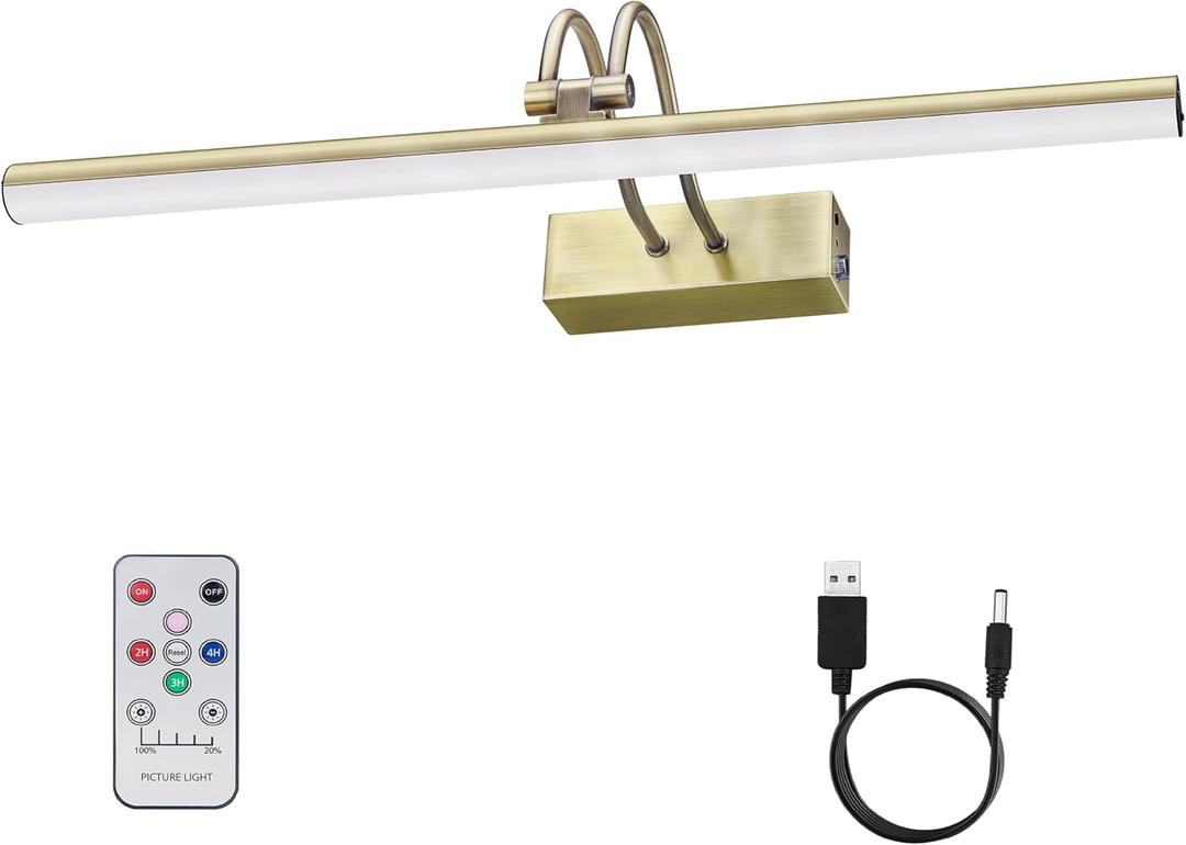 Picture Light, Cordless Picture Lights for Wall, 20inch Dimmable Picture Lights with Timer, 5000mAh Battery Operated Wall Lights for Display Gallery Painting Art Frame Portrait, Metal, Antique Brass
