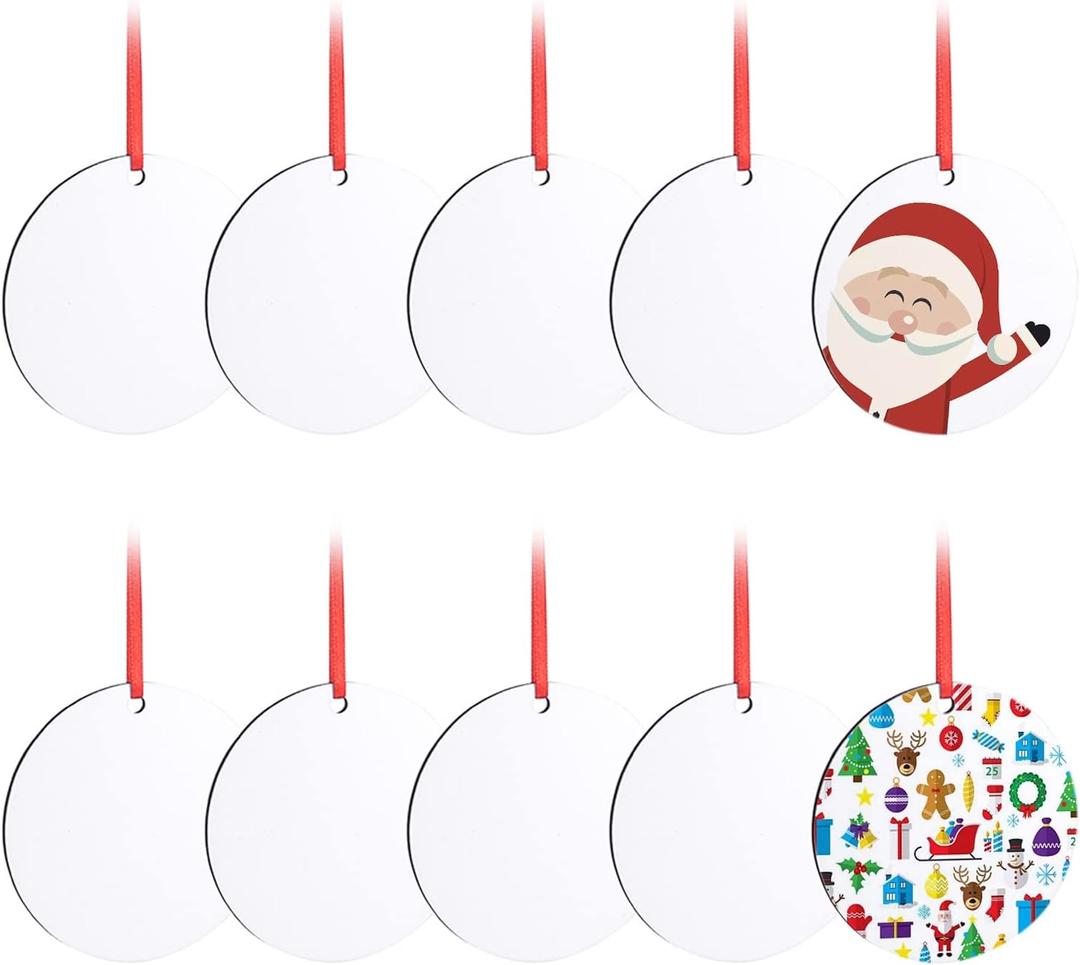 10 Pieces Christmas Sublimation Ornament Blanks - 3.15 Inch Sublimation Blank Pendants Ornaments Double Side with Red String - Personalized MDF Decoration Supplies for Christmas Tree Bulk