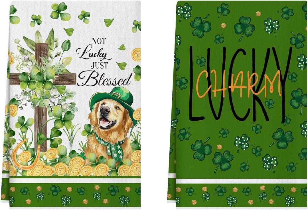 XCHI Dog Shamrocks Clovers Cross Coins St. Patrick's Day Kitchen Towels Dish Towels 18x26 Inch Home Kitchen Decorations Hand Towels Set of 2 Drying Dishcloth