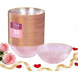 I00000 30 Pack 12 Ounce Pink Plastic Bowls Hammered Clear Bowl with Gold Rimmed, Heavy Duty Disposable Bowl Set,Elegant Salad/Dessert/Ice Cream Small Bowls for Valentine's Day Party, Weddings