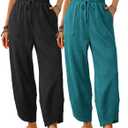 2 Pack Cotton Wide Leg Pants Women High Waisted Cropped Palazzos Summer Beach 2026 Casual Trousers HPM (L)