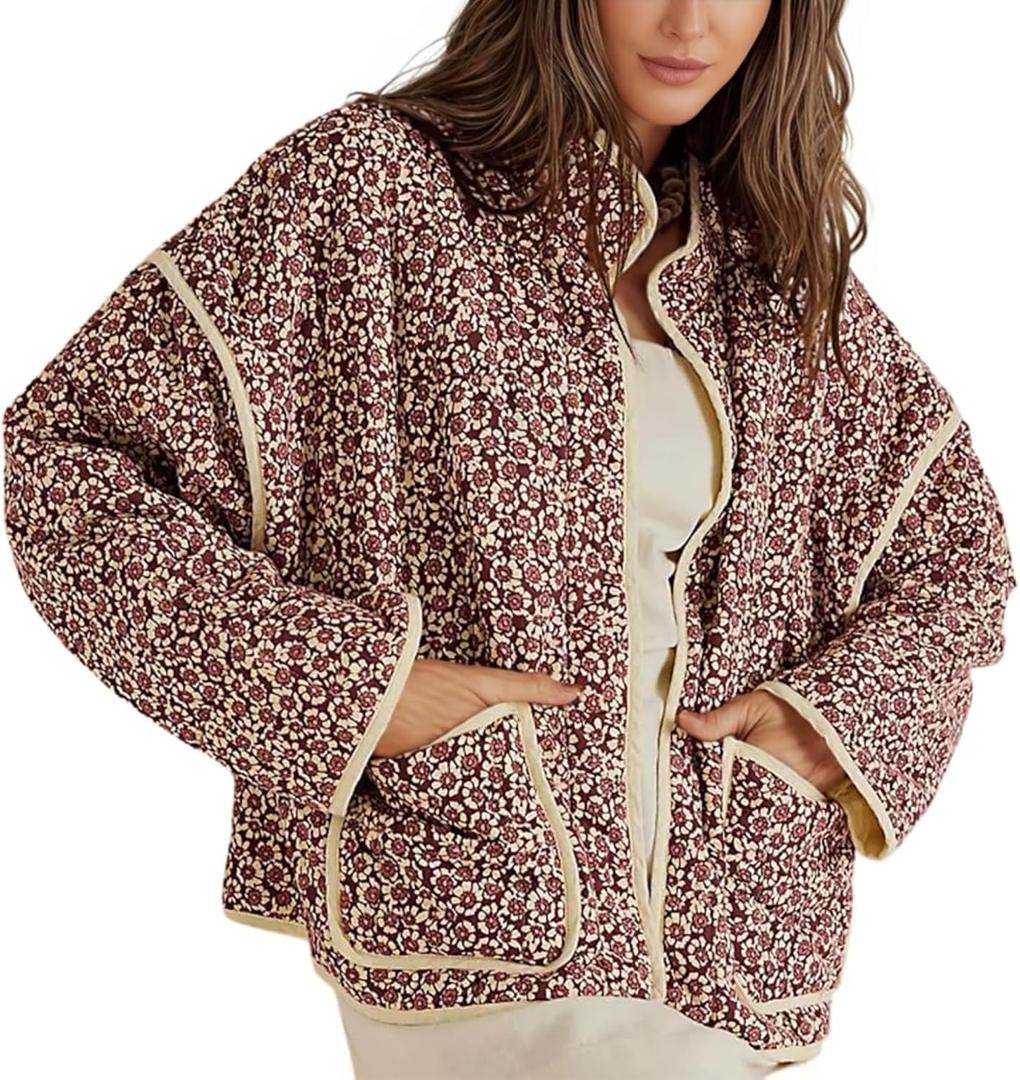 Omoone Women's Cropped Quilted Jacket Floral Printed LightWeight Padded Puffer Cardigan Coat Outwear(3950-09Red-S)