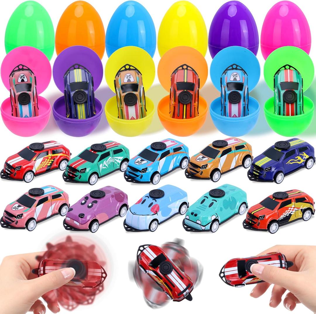 12 Pack Prefilled Easter Eggs with Toys, Cars Fidget Spinner Toys Easter Basket Egg Hunt Stuffers, Pre Filled Easter Eggs Fillers for Kids Gifts Party Favors, Goodie Bag Stuffer, Easter Prizes