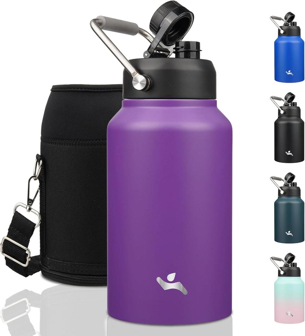 Jug with Handle,87 oz Insulated Water Bottle with Carrying Pouch, Double Wall Vacuum Stainless Steel Metal Bottle,Purple (87 Ounces)