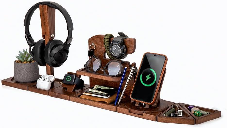 Gifts for Men Multifunctional Modular Wooden Desk Organizer Docking Station Compatible with Magnetic Charger for iPhone Xmas Gifts for Dad Nightstand Key Holder Wallet Stand for iWatch AirPods