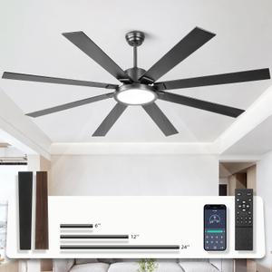 Large Ceiling Fans with Lights, Modern 72 Inch 8 Blade Outdoor Ceiling Fan with Remote APP Control - Dimmable Black Big Fan light Indoor Reversible 6 Speed Quiet DC Motor