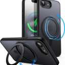 JUESHITUO 3 in 1 for iPhone 16 E Case, [Non-Yellowing] 360° Rotatable Magnetic Ring Stand, Slim iPhone 16 E Phone Cover 6.1'', Black Titanium