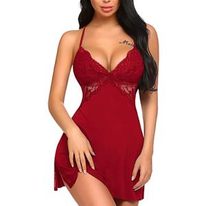 Avidlove Women Lingerie Lace Chemise Sleepwear Babydoll Teddy Lingerie (X-Small, A-dark Red)