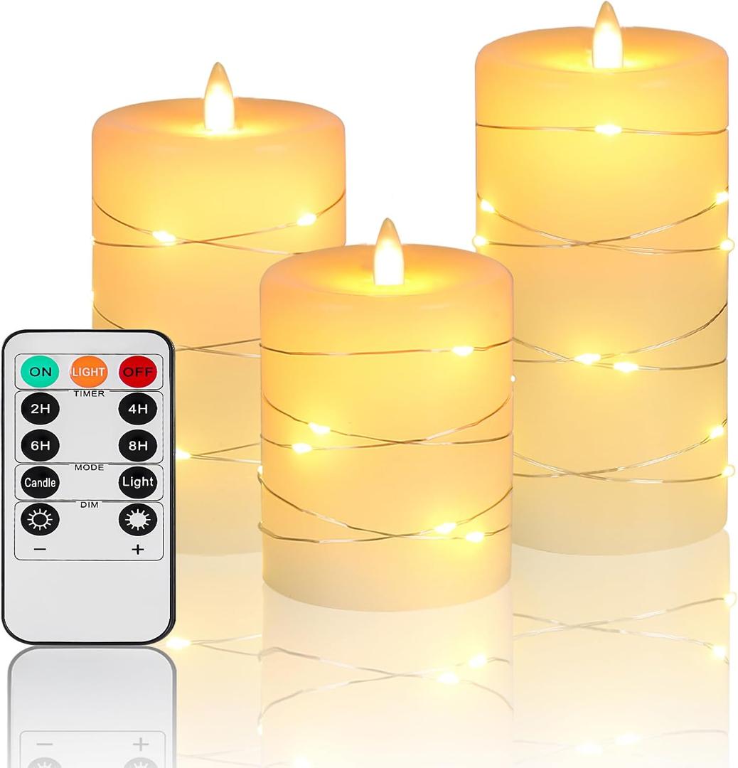 Fanzir Flameless Candles With Remote, Battery Operated Candles LED Candles with string lights Flickering Candles with Timer, 4 5 6 Candle For Seasonal and Festival Celebrations Candles set of 3 (Ivory white - 3 Pack)